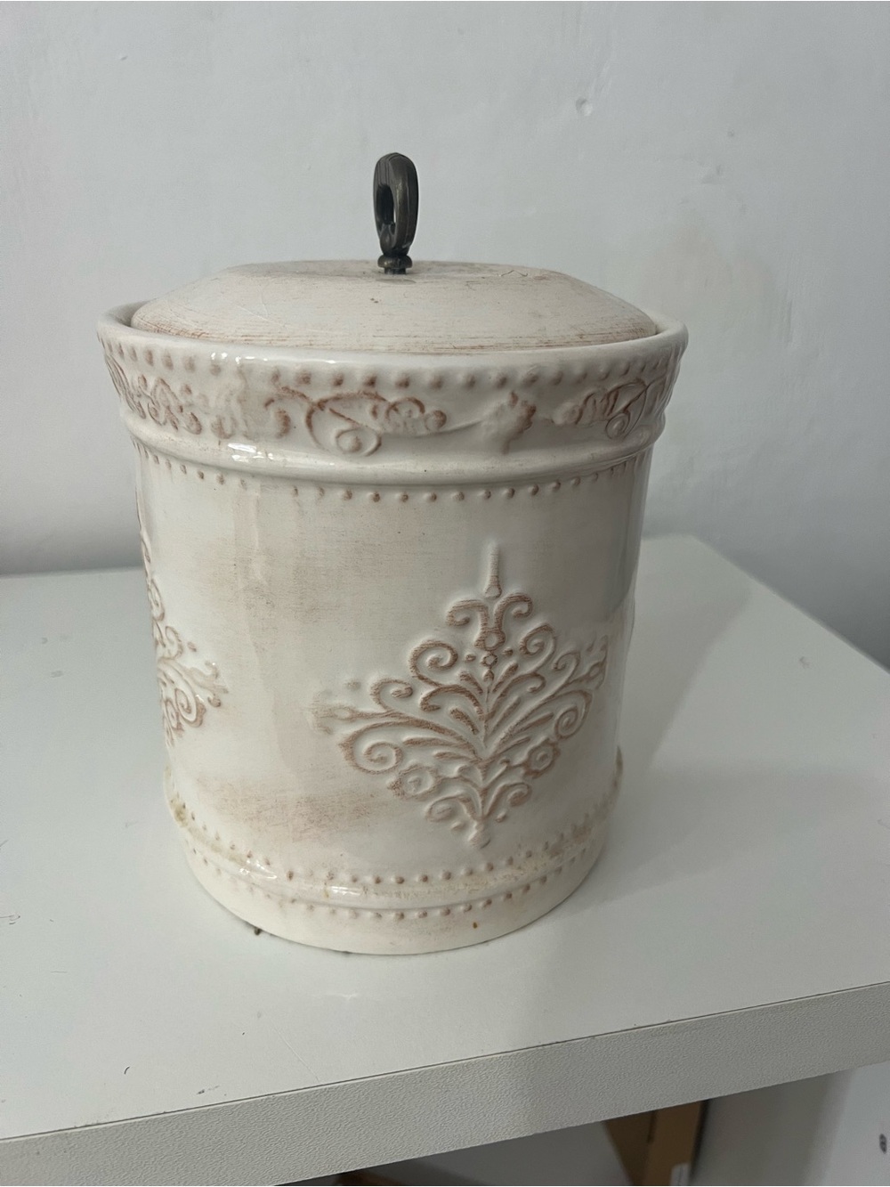 Decorative Ceramic Canister - White Cream with Embossed Pattern